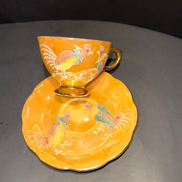 VTG SHAFFORD HAND DECORATED JAPAN MORIAGE 3D ROOSTER CUP & SAUCER LUSTER GOLD - Picture 1 of 5